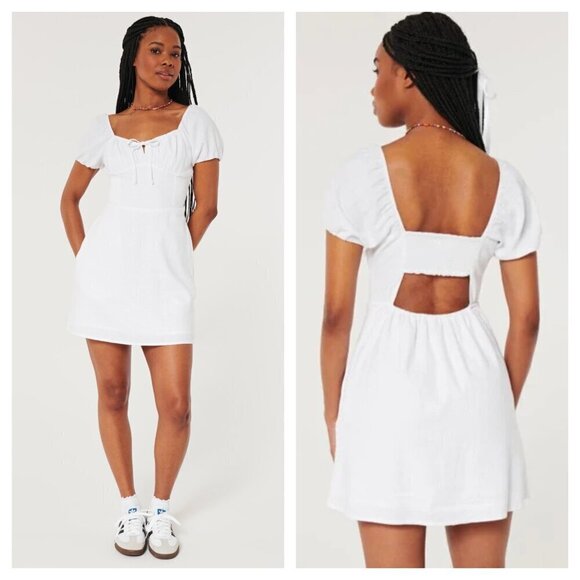 Hollister Sofia Side Smocked Linen Blend Mini Dress Puff Sleeve in White M - Picture 1 of 11